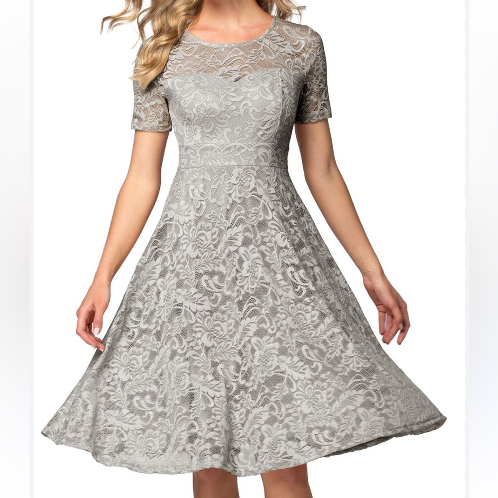 Aonour Elegant Light Gray Lace Cocktail Swing Dress Wedding Party Event Size M